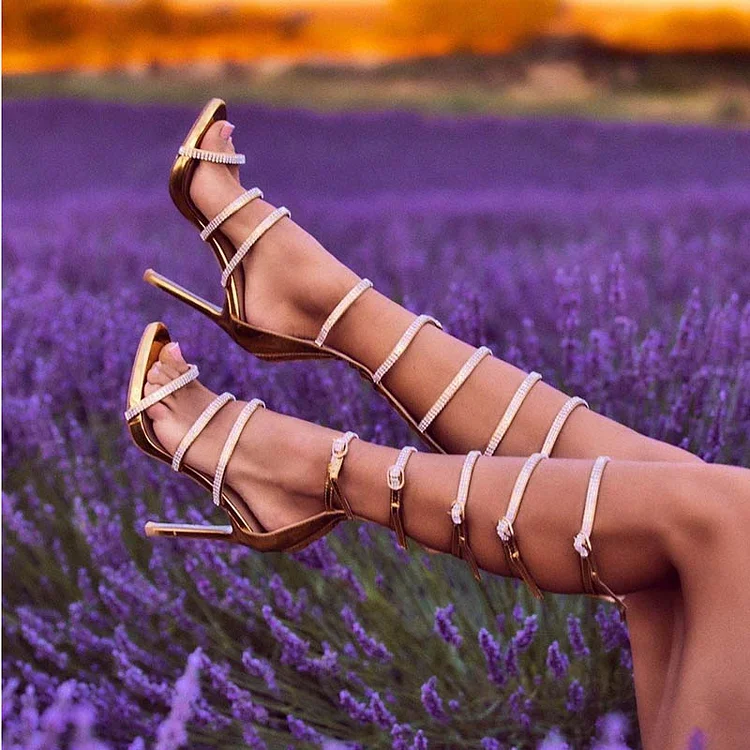 Gold Strappy Stiletto Heels Women's Rhinestones Sandal Evening Shoes |FSJ Shoes