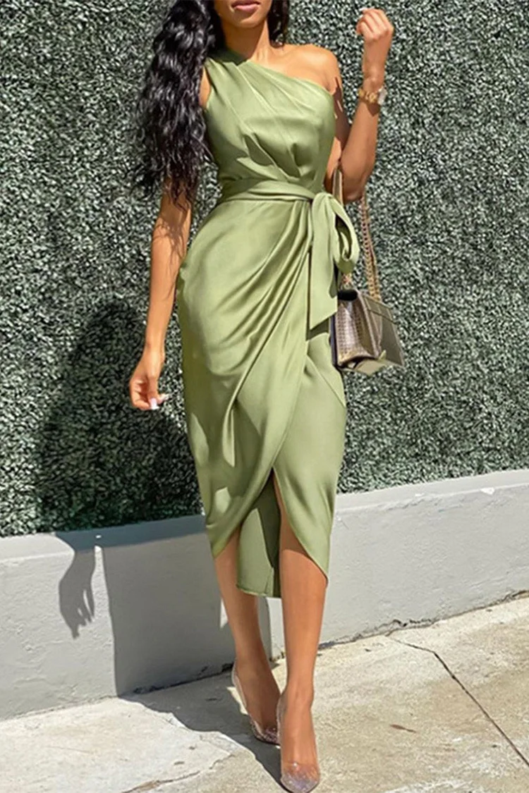 Semi Formal Army Green Satin One Shoulder Asymmetrical Midi Dress