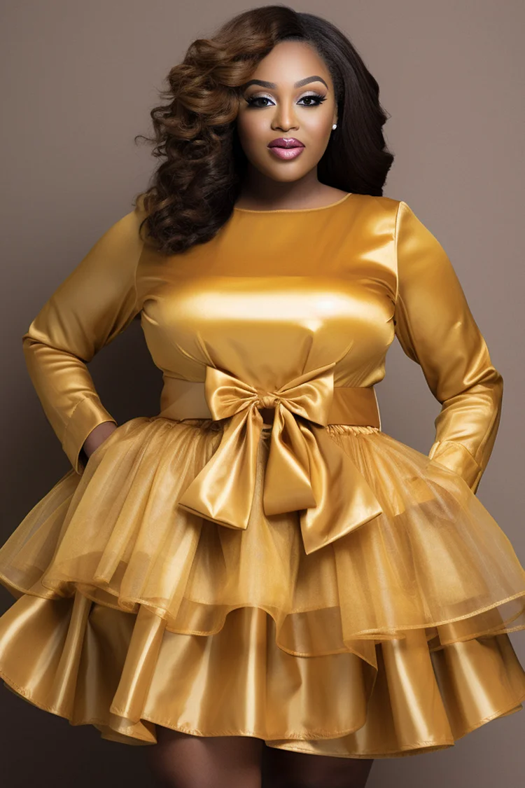 Xpluswear Design Plus Size Prom Gold Round Neck Long Sleeve Ruffle Elegant Bow Tie Organza Satin Mini Dresses [Pre-Order]