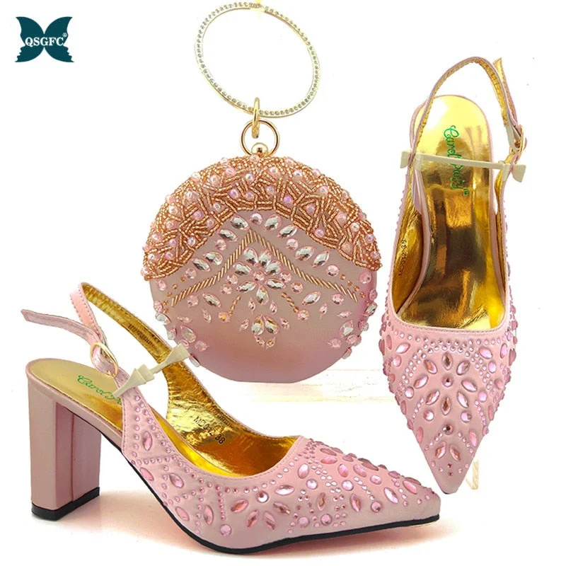 New Arrival Winter Silver Color Italian Design Women Shoes and Bag Set African Matching Shoes and Bag for Royal Party