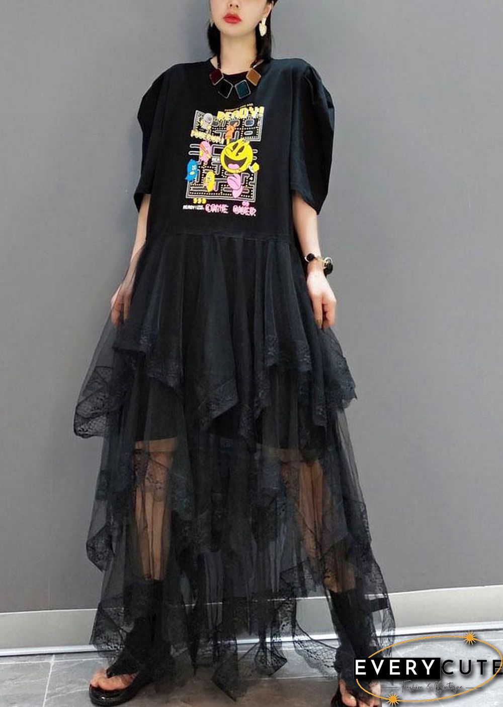 Plus Size Black O-Neck Print Half Sleeve Fall Dresses