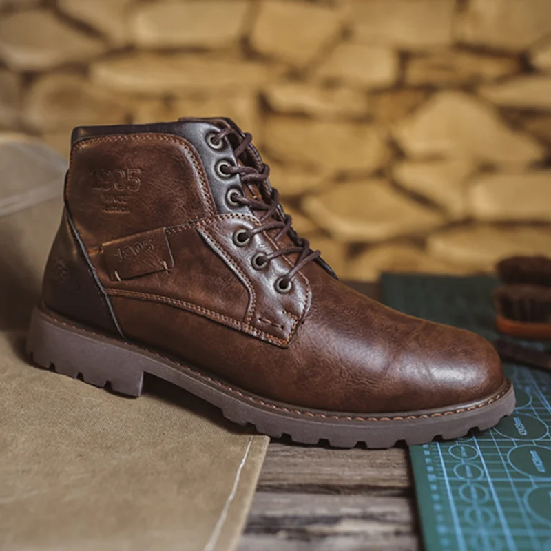 Men's Waterproof And Wear-resistant Spliced ​​lace-up Side Zipper Low-cut Cowboy Boots