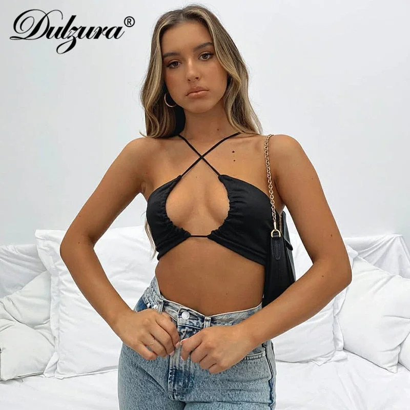 Dulzura Solie Women Crop Top Straps Camis Lace Up Cross Hollow Out Bodycon Sexy Streetwear 2021 Spring Summer
