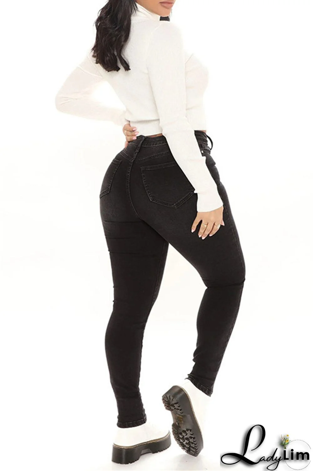 Light Blue Fashion Casual Solid Tassel Patchwork Mid Waist Skinny Denim Jeans