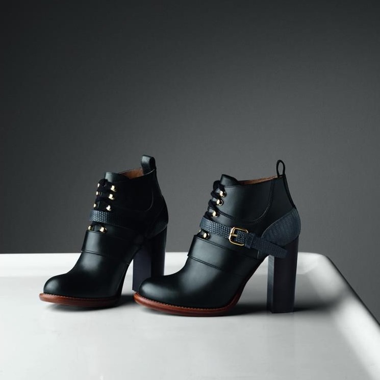 Round Toe Buckle Strap Block Heel Lace Up Ankle Boots in Black