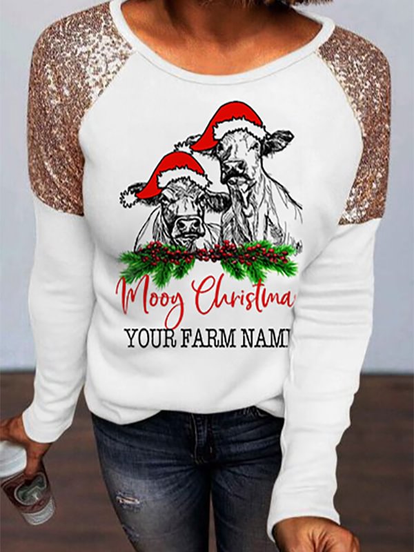 Women's Christmas Cow Farm Print Long Sleeve Sweatshirt