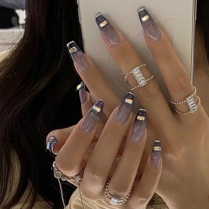 24pcs Gradient Color False Nails With Glue Type Long Paragraph  Fashion Manicure Patch Full Cover Wearable Coffin Fake Nails-Nail Inspo