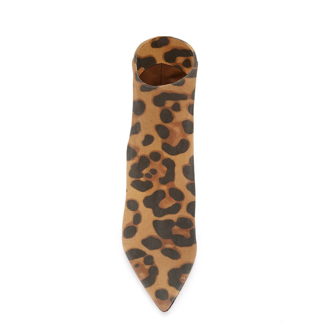 Vegan Suede Pointed Toe Kitten Heel Leopard Short Boots for Women