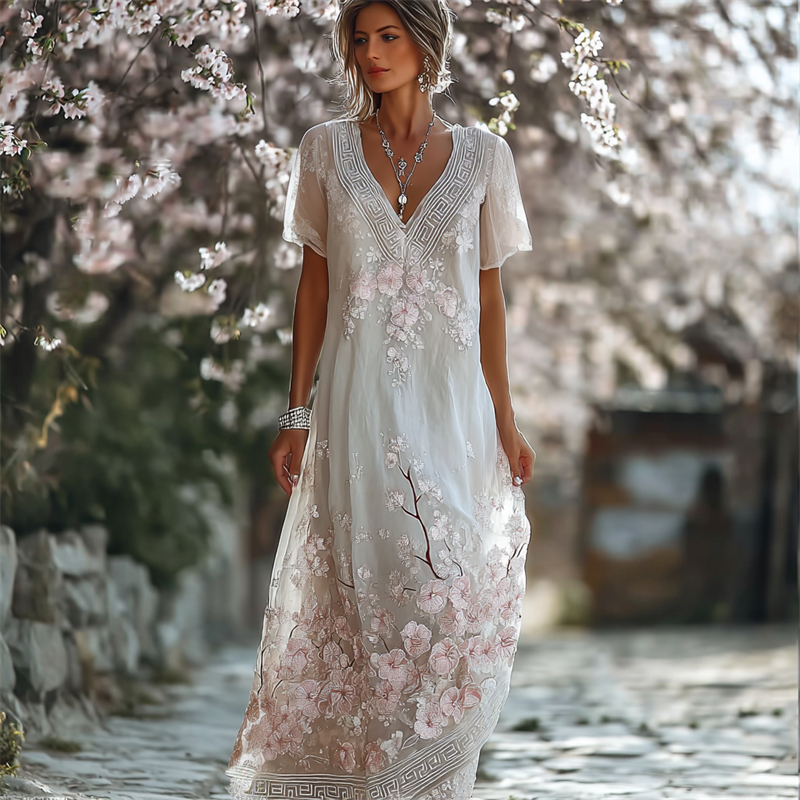 Vintage Japanese Cherry Blossom Flowy Linen Maxi Dress elevenforest