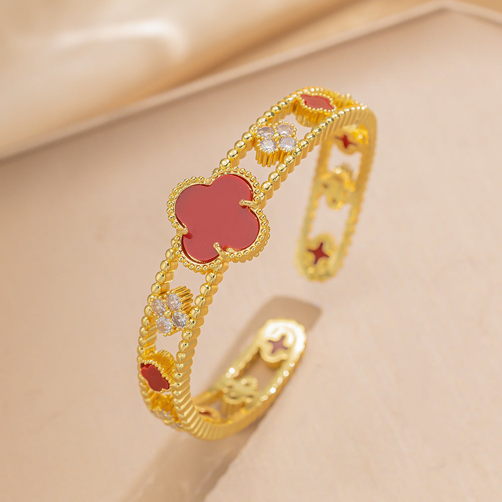 Personalized Trendy Micro-Inlaid Zircon Mother-Of-Pearl Flower Hollow Open Bracelet Versatile Women