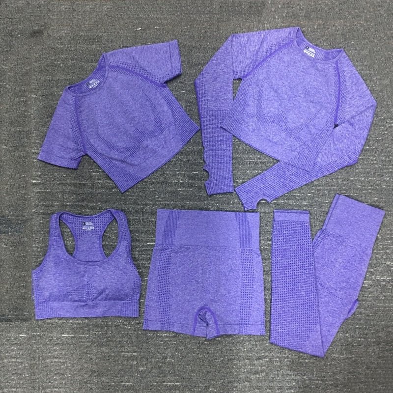 5PCS Seamless Women Sports Set Workout Sportswear Gym Clothing Fitness Long Sleeve Crop Top High Waist Leggings Sports Suits