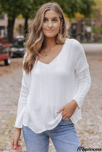 Openwork V-Neck Long Sleeve Knit Top