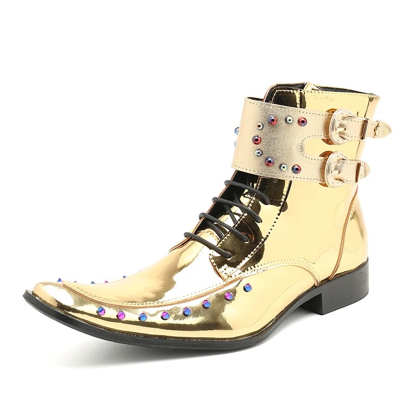 VCSHOES Monk Strap Men Shoes Plus Size 38-47 Motorcycle Prom Party Dress Boot Patent Leather Lacp Up Pointed Toe Short Boots