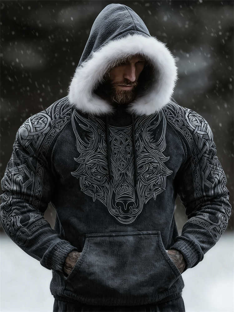 Men's Viking Celtic Wolf Cozy Fur Trim Hooded Sweater elevenforest