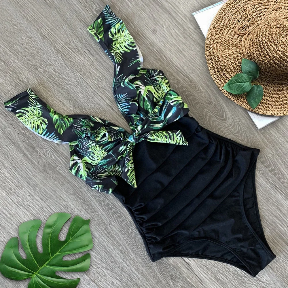 2021 Sexy One Piece Swimsuit Ruffle  Swimwear Women Monokini Bodysuit Push Up Swim Suit Female Bathing Suit Summer Beach Wear