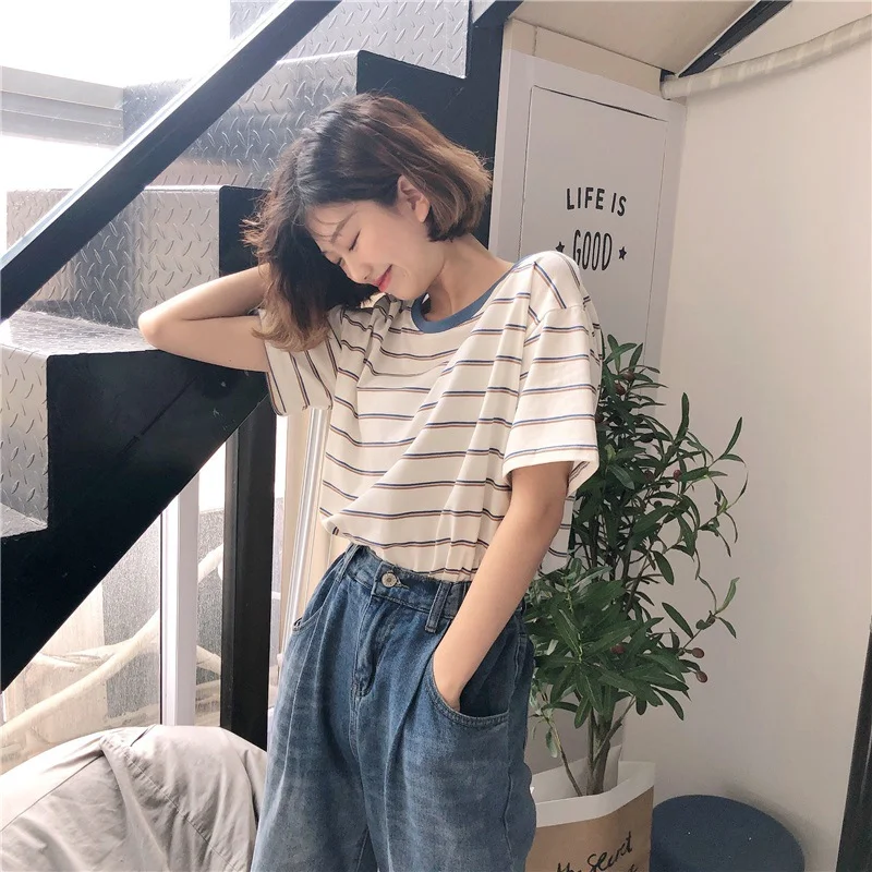 Uveng Uveng T-Shirt Women 2024 New Summer College Wind Loose Show Thin Stripe Students On Clothes Women's T-Shirt Ins Tide