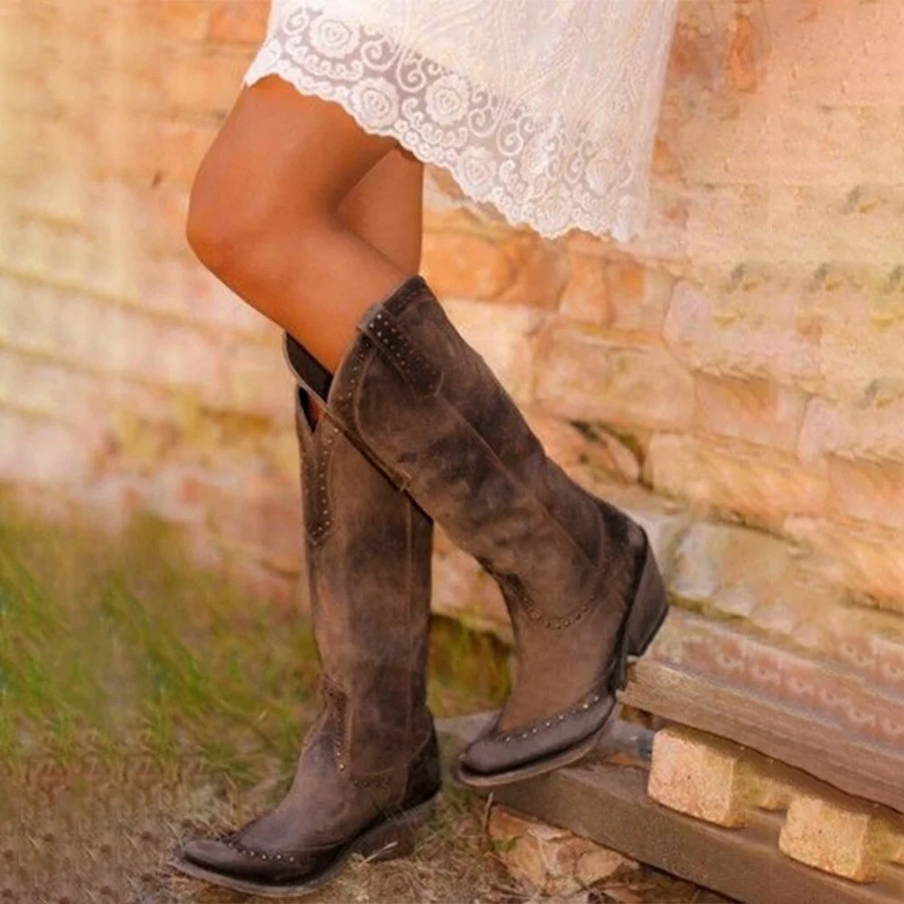 Fashion Rivet High Top Cowboy Boots Retro Pu Leather Women's Boots Pointed Long Boots Roman Style Female Boots Autumn Winter2021