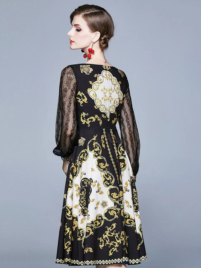 Printed round neck and large hem mid-length dress