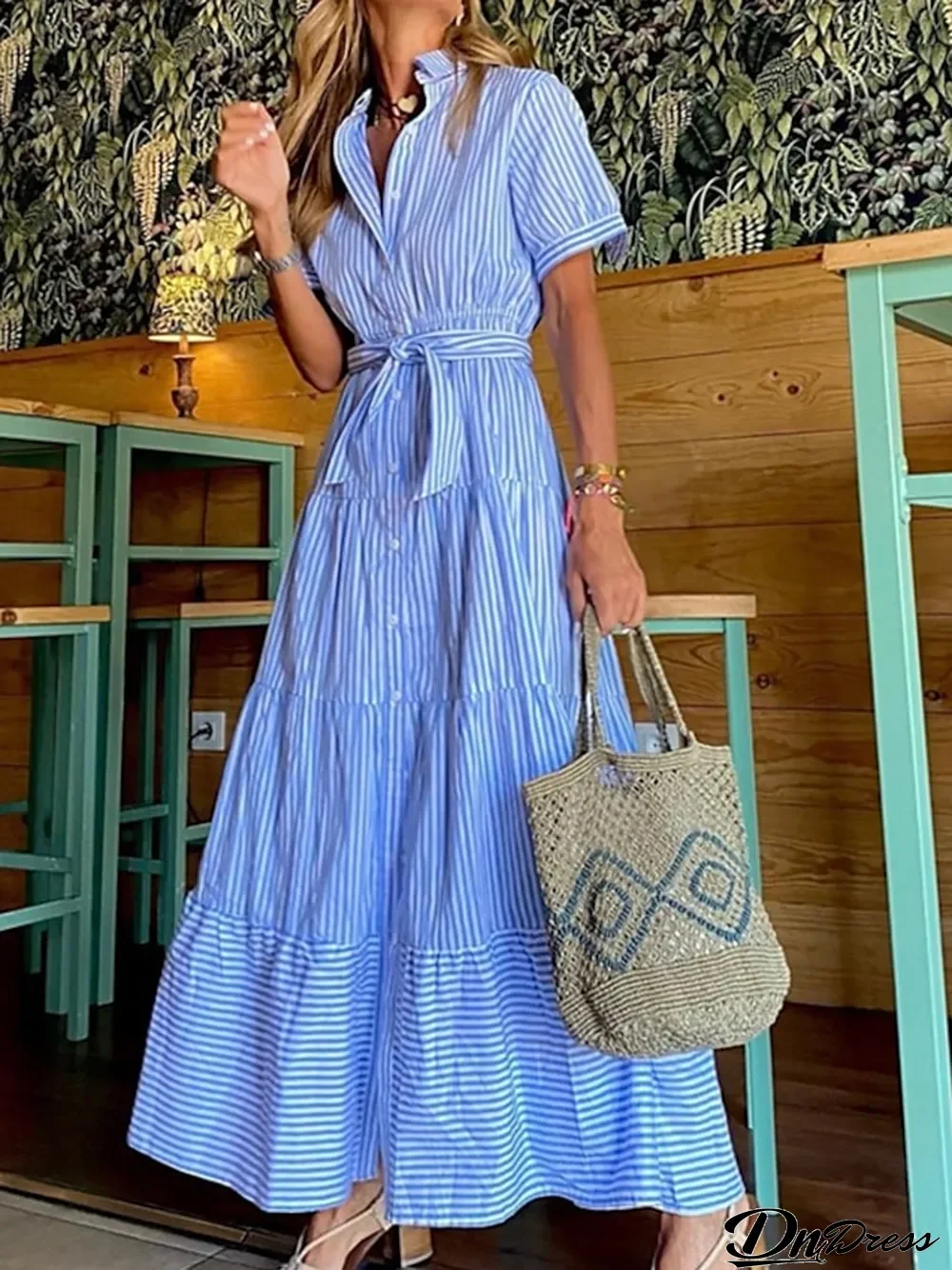 Women's Shirt Dress Maxi long Dress Daily Vacation Polyester Casual Shirt Collar Lace up Button Short Sleeve Summer Spring Regular Fit Blue Green Striped S M L XL