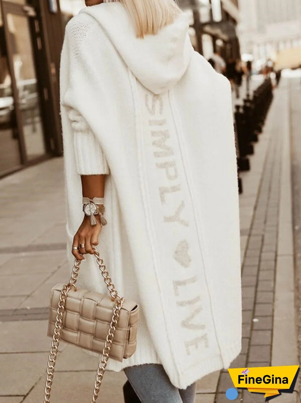 Women Long Sleeve Letter Printed Hooded Knit Sweater Coat Top