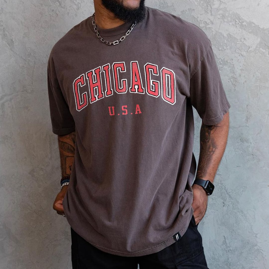 Men Retro Oversized USA Chicago Print T-shirt