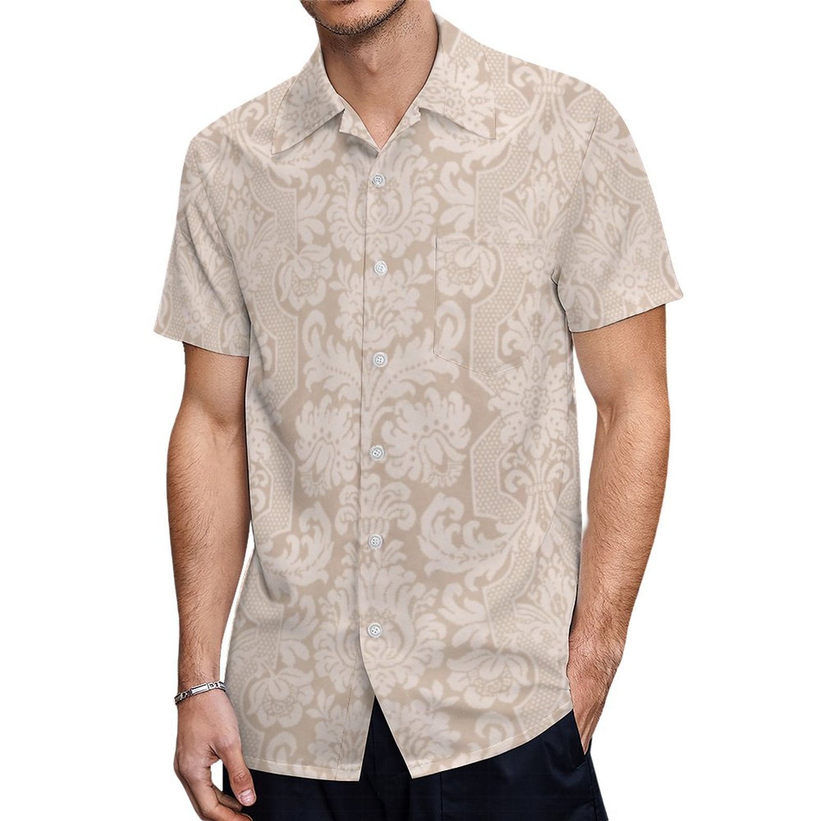 Elegant Ornate Cream Victorian Damask Hawaiian Shirt Mens Button Down Plus Size Tropical Hawaii Beach Shirts