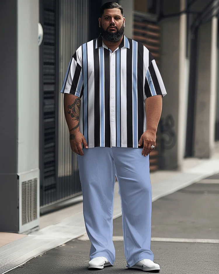 Men's Plus Size Simple Contrast Stripe Print Short Sleeve Shirt Suit