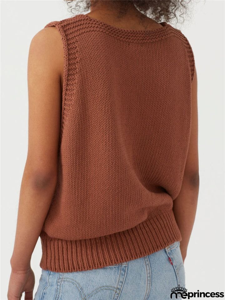 Relaxed Fit Fine Knit V Neck Ribbed Detailing Solid Color Sleeveless Sweater Vest