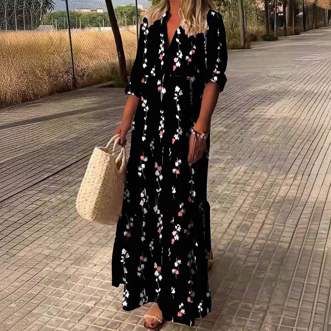 Women Floral, Black, White, Red DZDN1036 SPU Printed Long Sleeve V-neck Maxi Dress