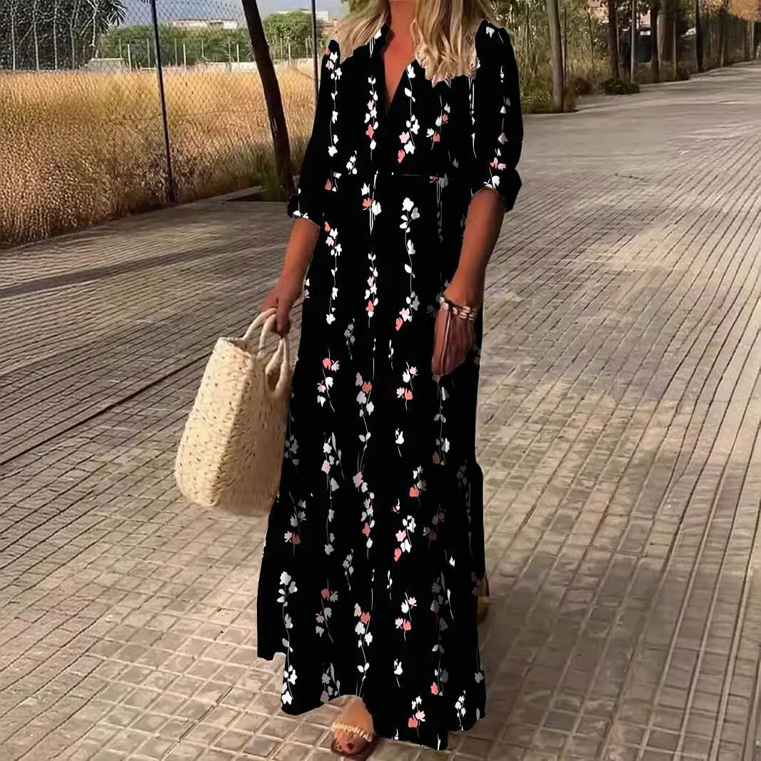 Women Floral, Black, White, Red DZDN1036 SPU Printed Long Sleeve V-neck Maxi Dress