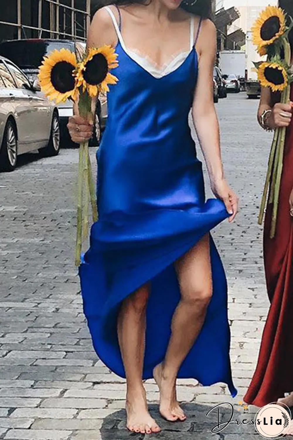 Fashion Casual Solid Split Joint Slit V Neck A Line Dresses  (Without Belt)