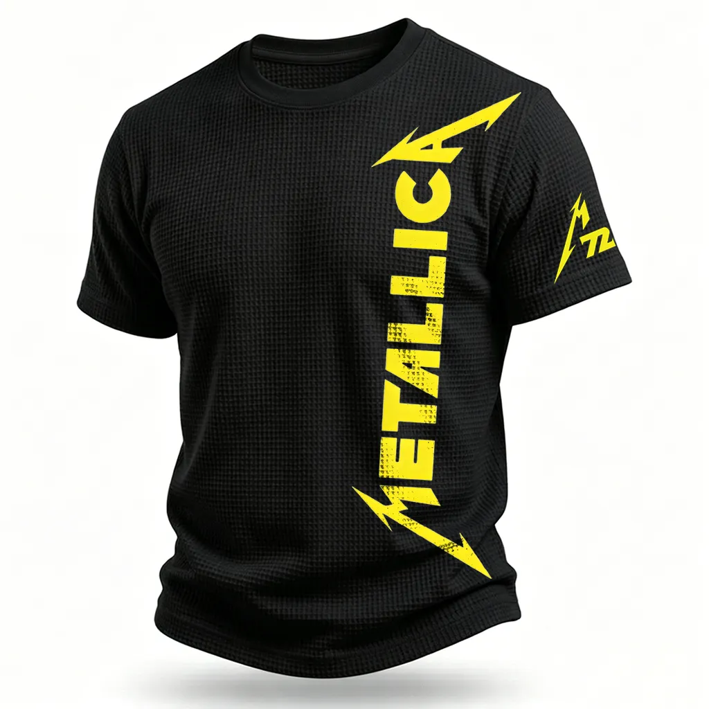 Men's Black Waffle Knit Polyester T-Shirt With Bold Graphic Print Casual Tee
