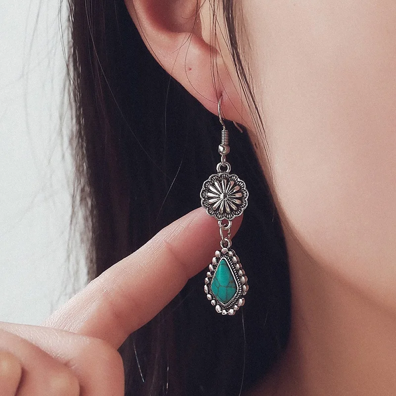  Bohemian Vintage Carved Turquoise Long Earrings