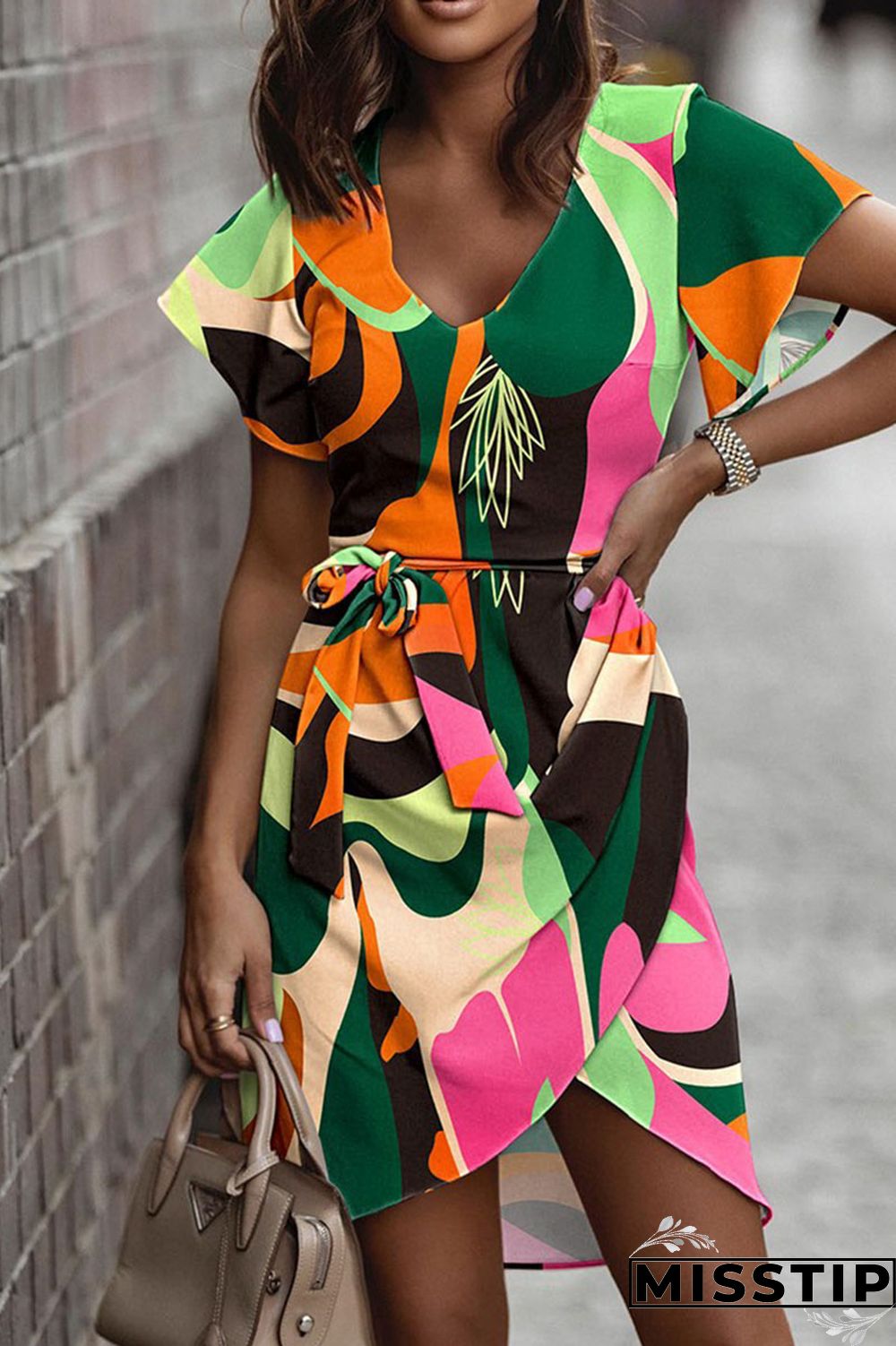 Army Green Casual Print Bandage Patchwork V Neck Irregular Dress Dresses