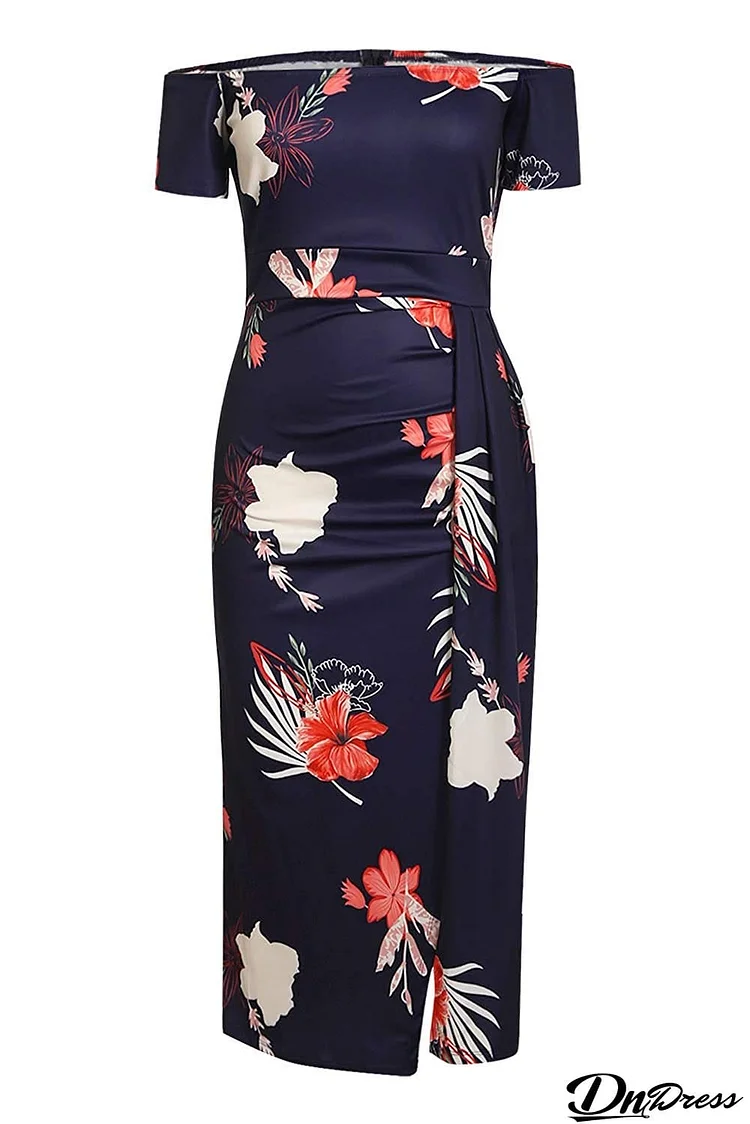 Floral Print Short Sleeve Off Shoulder Midi Bodycon Dresses