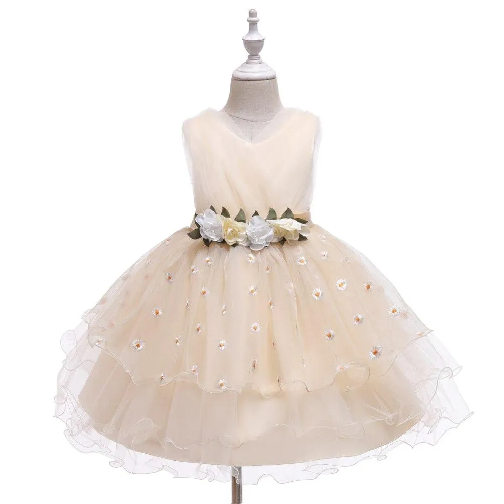 Child Yellow Layered Lovely Girls Birthday Dresses For Kids Fluffy V-neck Flower Little Girl Dress Knee-Length 2-8 Years Old