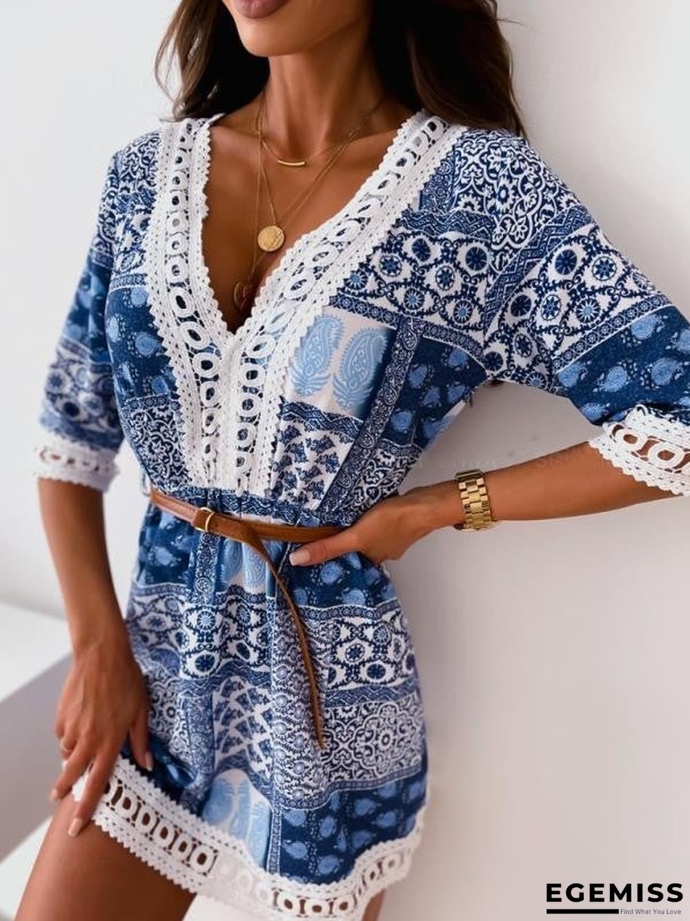 New Lace Printed Dress with Belt | EGEMISS