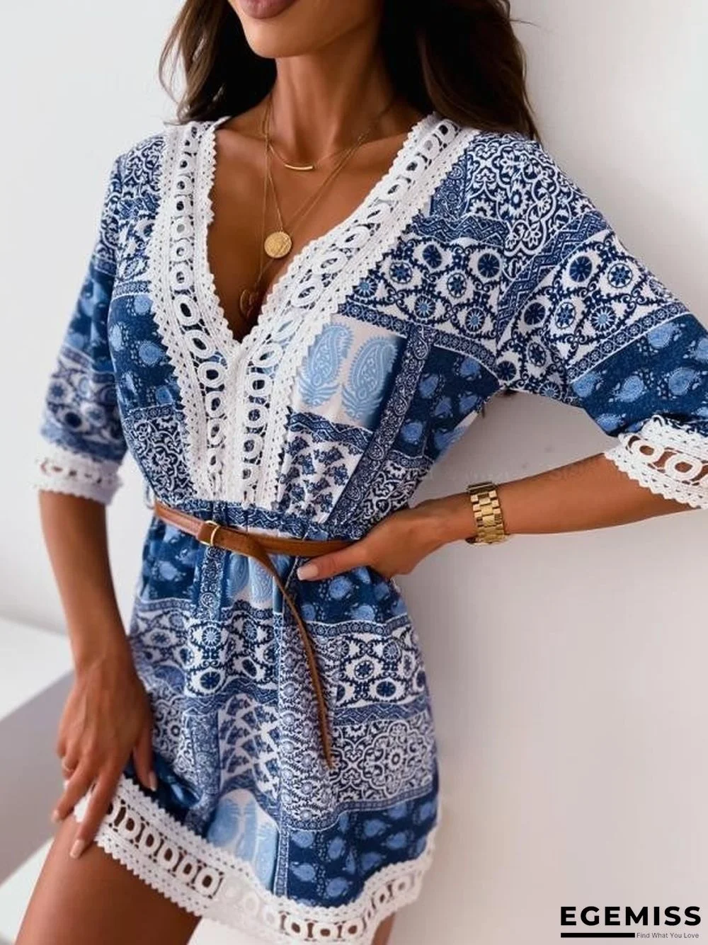 New Lace Printed Dress with Belt | EGEMISS