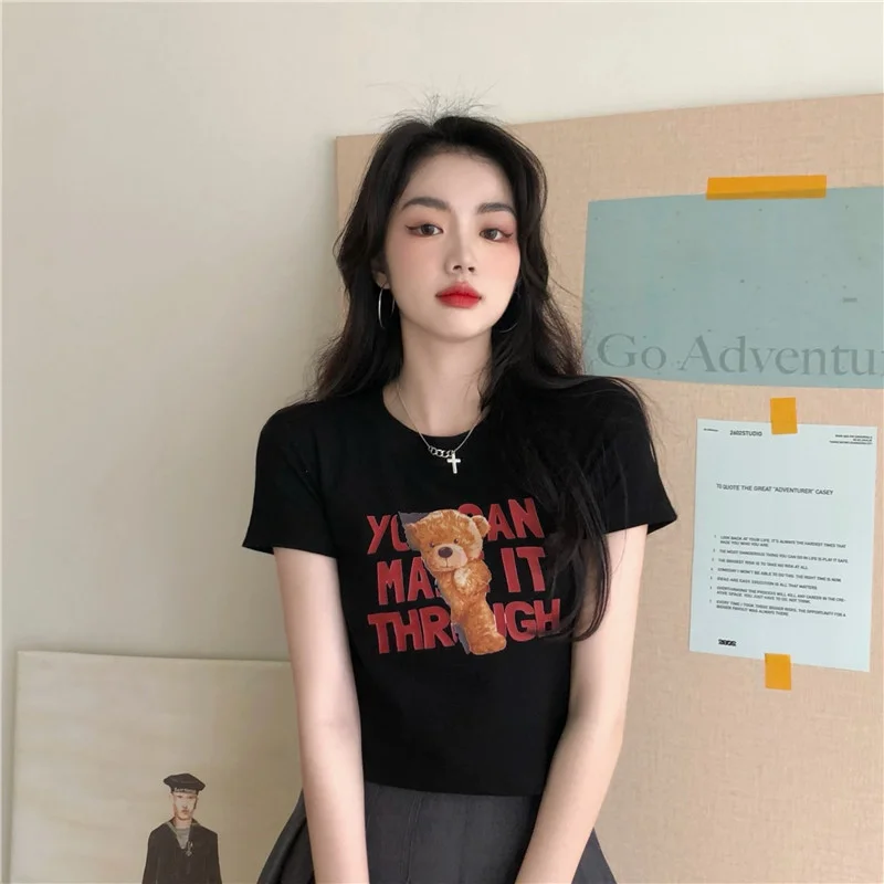 Uveng Uveng 2023 New Korean Letter Bear Print Short-Sleeved T-Shirt Women Slim Short Top Women's Wear