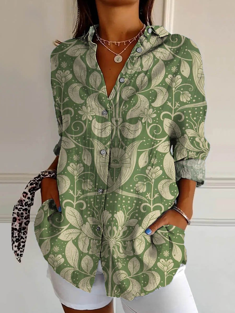Women's Vintage Lovely Floral Art Print Casual Cotton Shirt