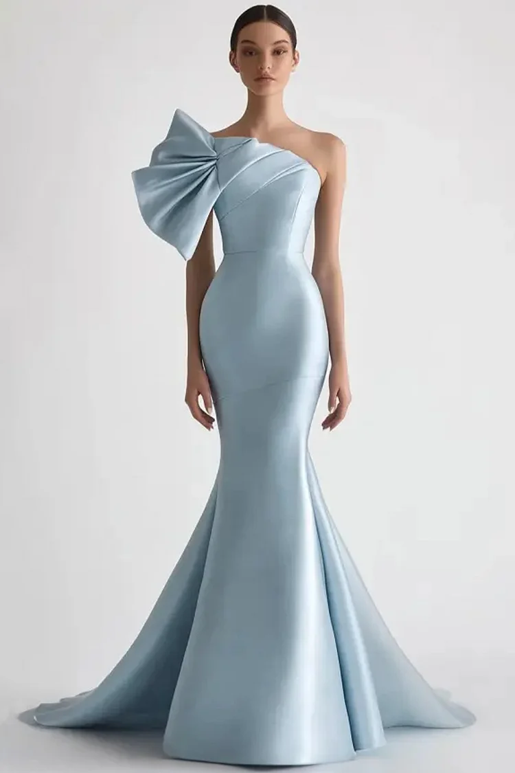 Layered One Shoulder Pleated Fishtail Maxi Dress-Haze Blue [Custom-Made]