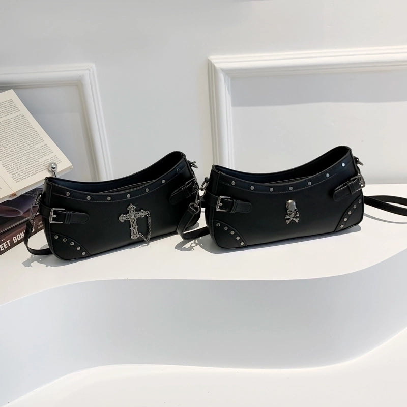 Halloween Women's Pu Leather Cross Skull Punk Sewing Thread Zipper Crossbody Bag