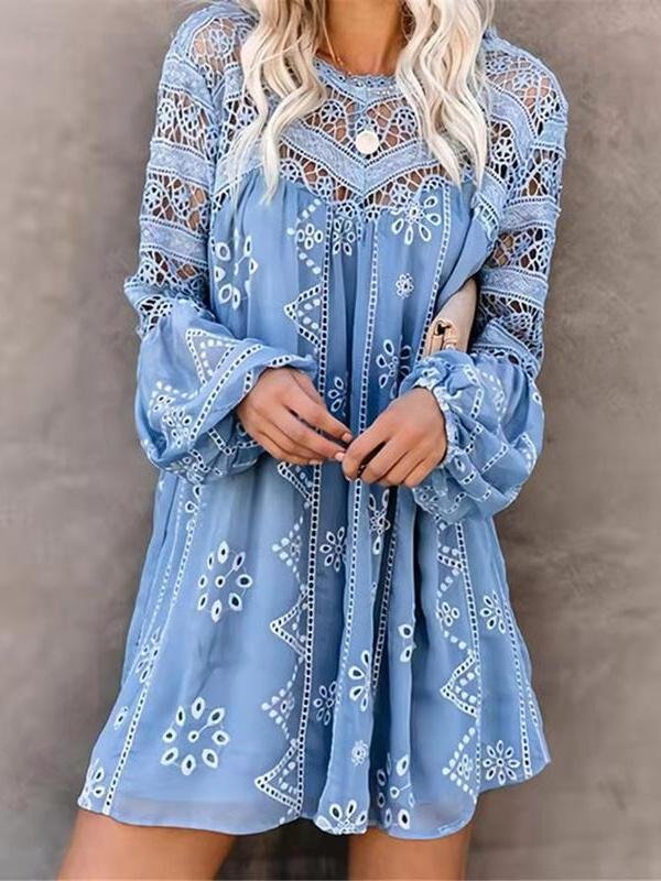 Women's Puff Sleeve Scoop Neck Lace Hollow Midi Dress