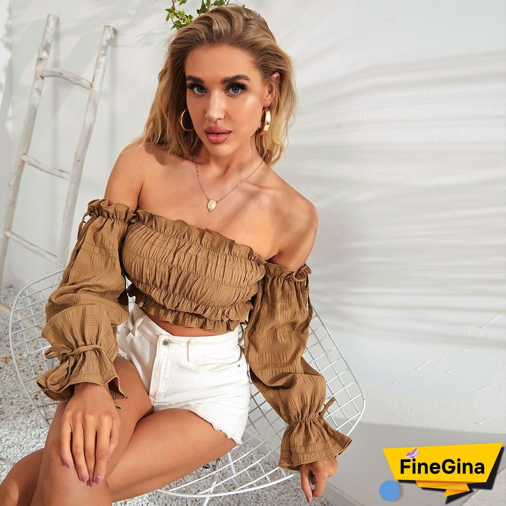 Chic Casual Women Blouses New Solid Color Sexy Navel Fungus Edge Slim Fit Folds Wrap Chest Full Flared Sleeve T-shirt