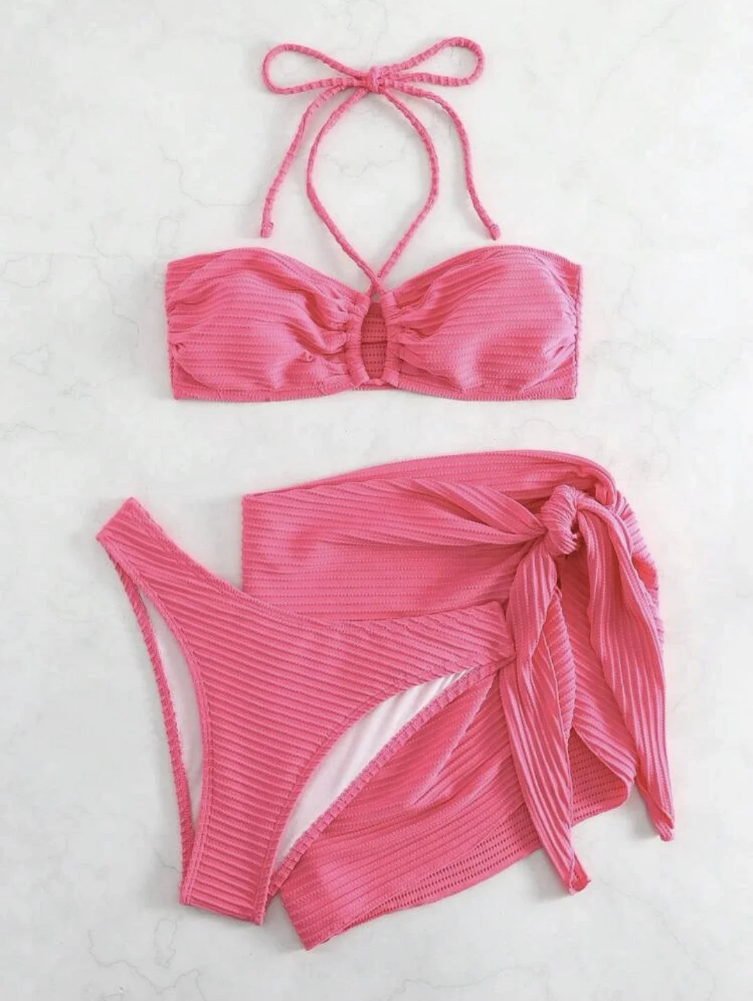 Wongn Wongn Bikini Bikini Swimsuit Three-Piece Gauze Dress Hanging Neck Solid Color Swimsuit Female Multi-Color