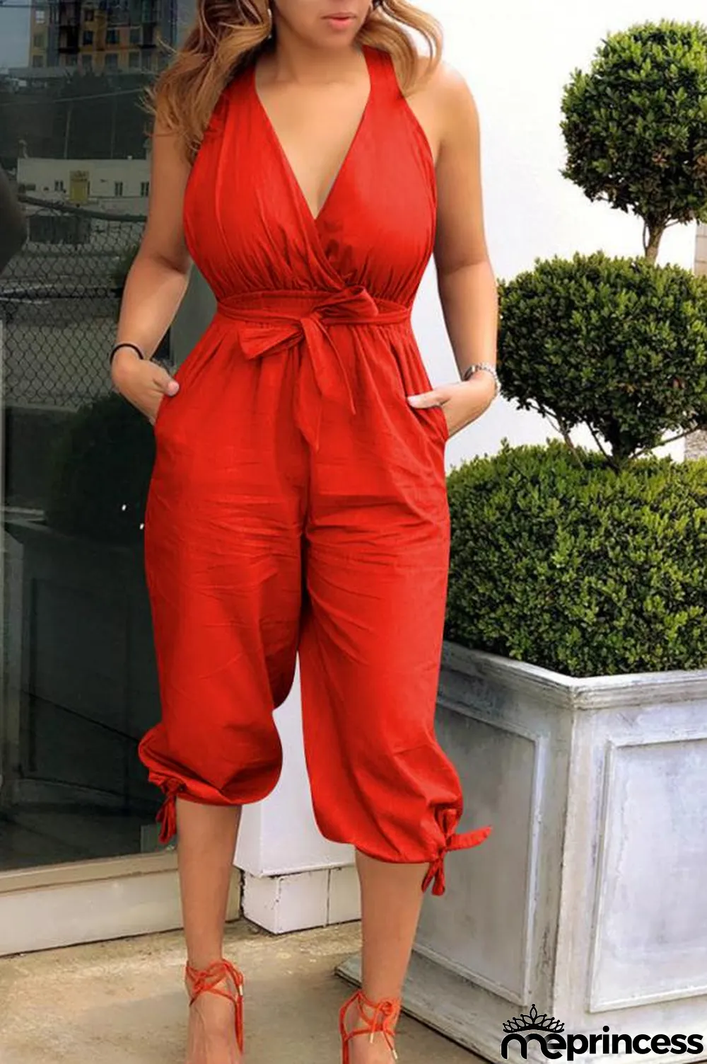 Light Blue Fashion Sexy Solid Patchwork Polyester Sleeveless V Neck