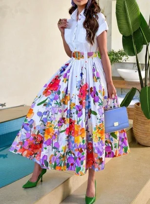 Mongw Mongw Shirt Collar Large Hem Positioning Floral Print Short Sleeve Button Dress Belt Belt