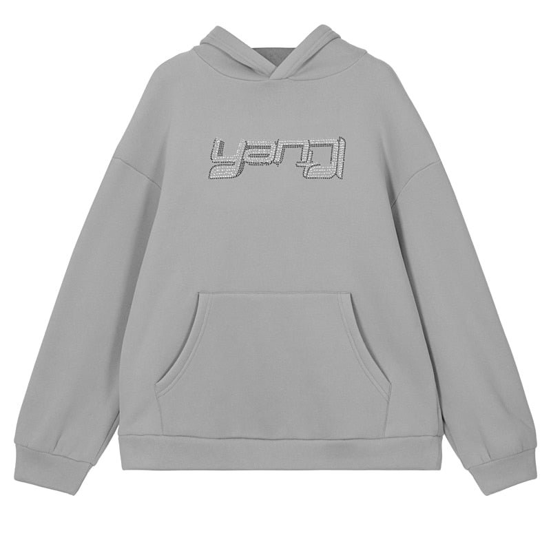 Dulzura Rhinestone Letter Women Long Sleeve Sweatshirt Thick Hoodie Pullover Loose Casual Warm Streetwear 2021 Spring Summer