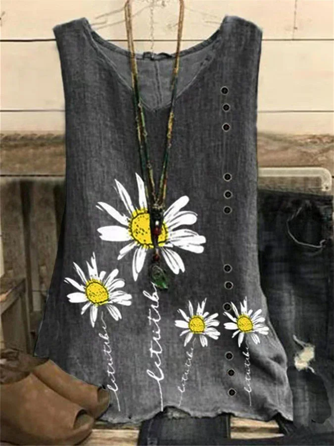 Women's Sleeveless Loose Daisy Print Vest