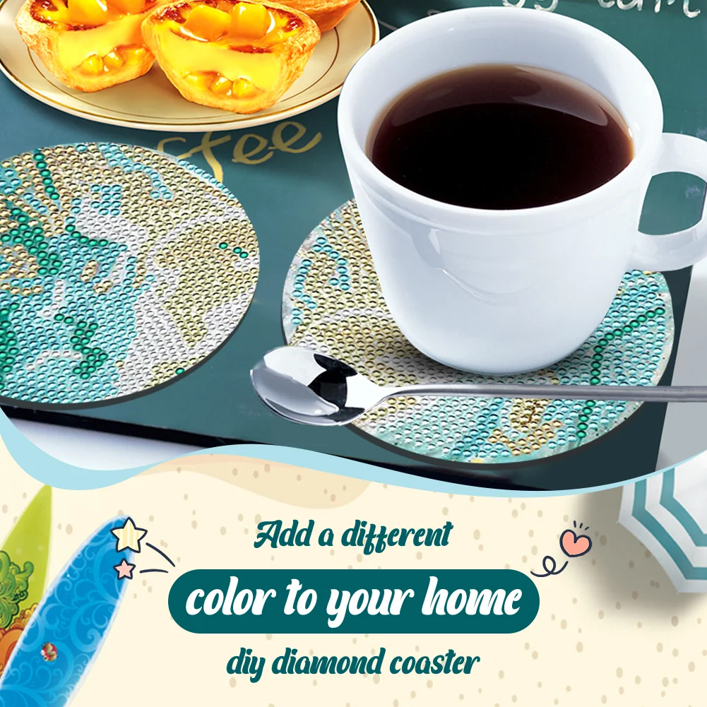 8pcs DIY Green Beach View Wooden Single Sided Diamond Painting Art Coasters Kits with Holder